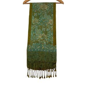 Unbranded 100% Silk Scarf Batik print 11" X 51" Fringe Green, Turquoise